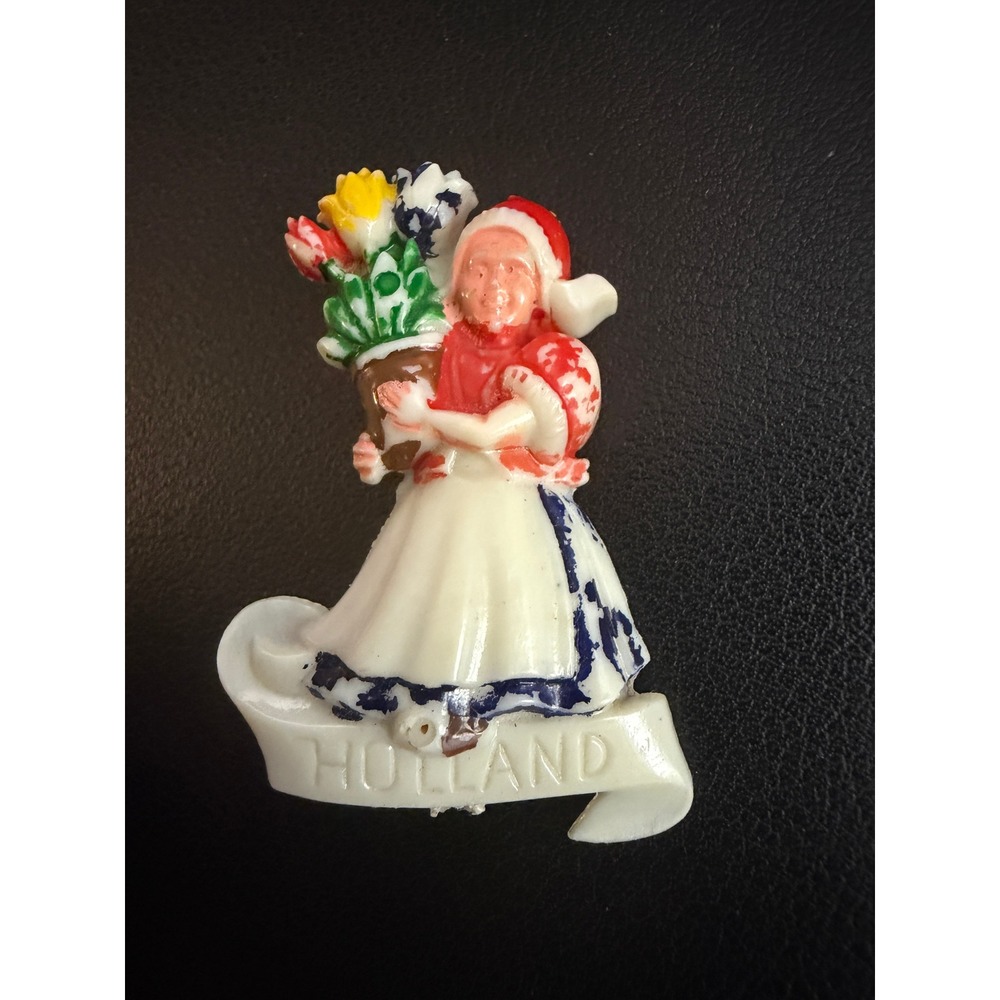 Vintage Celluloid Brooch Holland Dutch Girl Tulips Souvenir